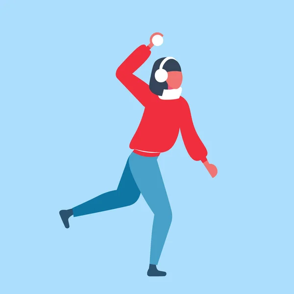 Woman playing snowball fights girl throwing snow ball wearing winter clothes female cartoon character full length flat blue background — Stock Illustration Woman playing snowball fights girl throwing snow ball wearing winter clothes female cartoon character full length flat blue background Vector Graphics