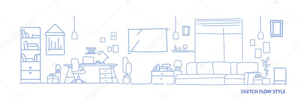 modern workplace cabinet furniture empty no people house living room interior sketch flow style horizontal banner