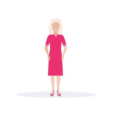 üst düzey Bayan izole poz kadın karikatür karakter tam uzunlukta düz ayakta gülümseyen mutlu yaşlı kadın