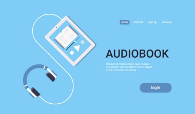Kulaklık ses kaseti uzaktan eğitim e-öğrenme kavramı mavi arka plan düz yatay kopya alanı ile online audiobook mobil uygulama tablet veya smartphone ekran
