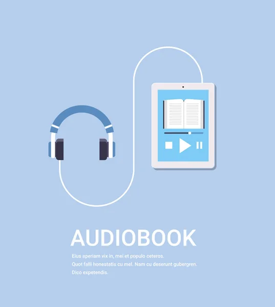 Online audiobook tabletă aplicație mobilă sau ecran smartphone cu căști audio carte învățământ la distanță e-learning concept albastru fundal copia spațiu — Vector de stoc