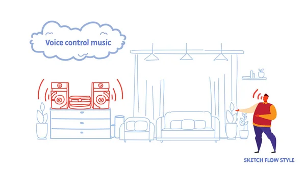 Sistema stereo domestico controllato da uomo altoparlante intelligente riconosce comandi controllo vocale concetto di musica moderno salotto abbozzo interno stile flusso orizzontale — Vettoriale Stock