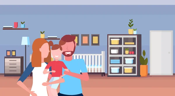 Familia joven amorosos padres sosteniendo pequeño hijo en casa cama de bebé recién nacido habitación cuna de madera niño dormitorio interior dibujos animados personajes retrato horizontal plano — Vector de stock