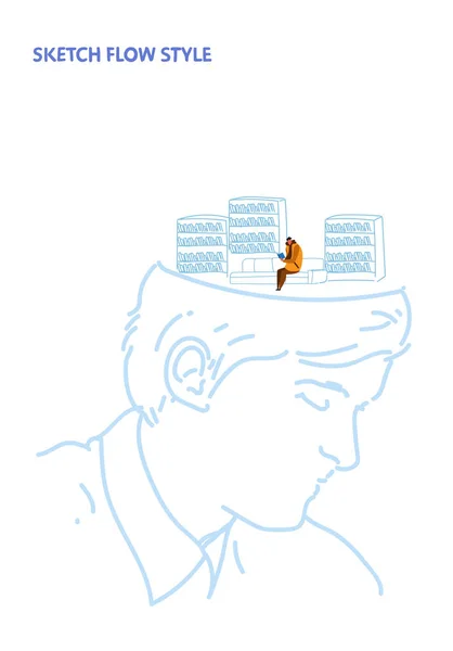 Open menselijk hoofd man student leest boek zittend op de Bank moderne bibliotheek interieur onderwijs creatief idee concept sketch flow stijl verticale — Stockvector