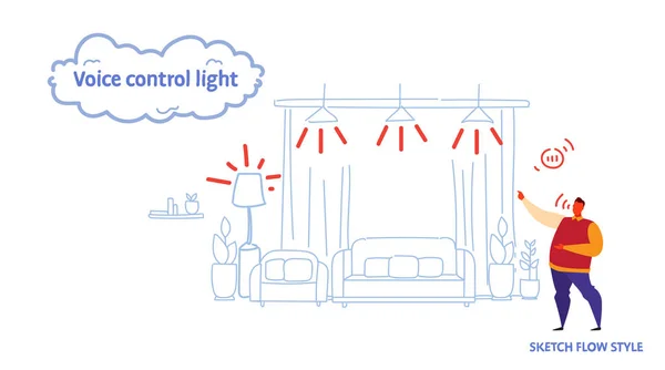 Smart living controllato dall'uomo smart light riconosce i comandi controllo vocale concetto casa moderna abbozzo interno stile flusso orizzontale — Vettoriale Stock