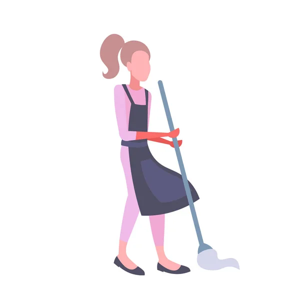 分離されたフラット ウェット モップ フラット完全な長さを使用してエプロンを身に着けているモップの主婦と床を拭く女 — ストックベクタ