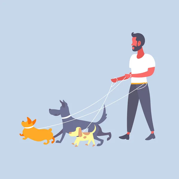 Hombre casual perro caminante chico caminando con muchos perros propietario con mascotas diferentes razas hombre dibujos animados carácter longitud completa plana — Vector de stock