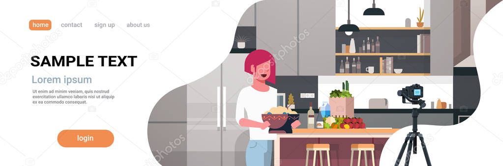 girl food blogger recording video on camera woman preparing tasty dish modern kitchen interior cooking blog concept female character portrait flat copy space horizontal