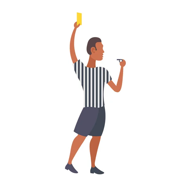 Homme professionnel arbitre de football montrant carton jaune au joueur match de football afro-américain arbitre mâle personnage de dessin animé pleine longueur plat isolé — Image vectorielle