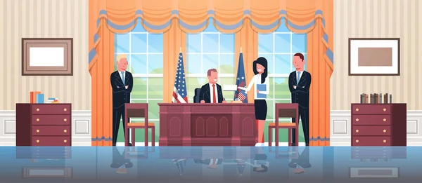 President van de Verenigde Staten zitten werkplek wet wet document ondertekening met vrouwelijke secretaris en mannelijke lijfwachten Usa vlag oval office witte huis kabinet interieur horizontaal — Stockvector