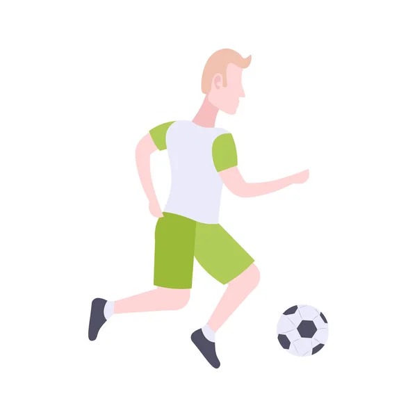Чоловік професійний футболіст кидає м'яч футбольної концепції хлопець працює позу чоловічий мультиплікаційний персонаж повної довжини плоска ізольована — стоковий вектор