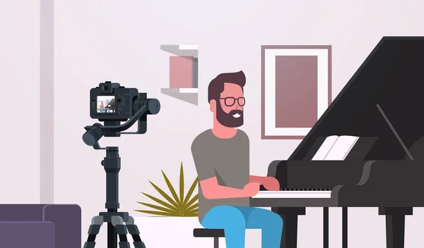 Cara blogueiro musical gravação de vídeo na câmera homem tocando piano clássico música blog conceito moderno apartamento interior closeup horizontal —  Vetores de Stock