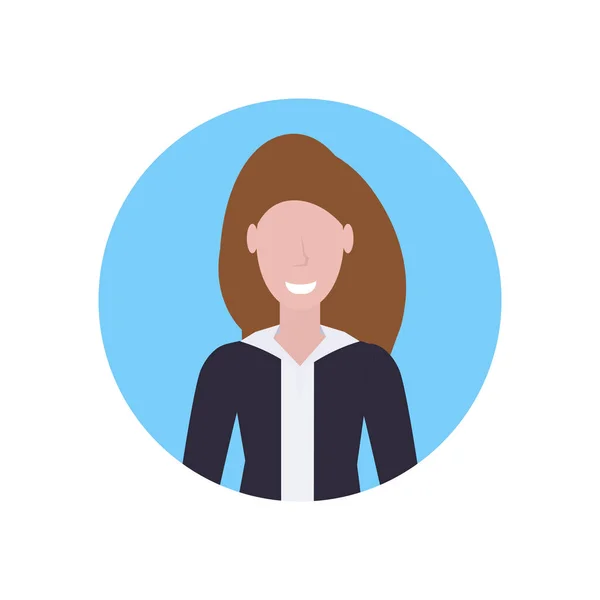 Mujer feliz pelo castaño chica cara avatar mujer dibujos animados carácter retrato plano aislado — Vector de stock