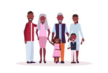 Çoklu nesil aile birlikte mutlu Afro-Amerikan dedesi ebeveynler ve çocuklar erkek kadın karikatür karakterleri tam uzunlukta ayakta düz izole yatay
