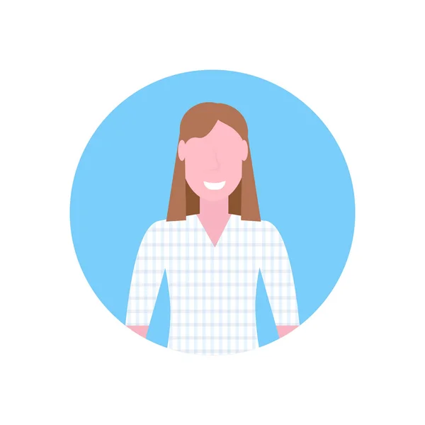 Mujer feliz pelo castaño chica cara avatar mujer dibujos animados carácter retrato plano aislado — Vector de stock