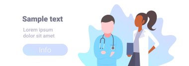 Çift tıp doktorları takım ayakta adam kadın uzmanları Tekdüzen erkek kadın karikatür karakterler dikey yatay kopya uzayda yarış hastane çalışanları mix birlikte