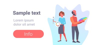 palet renk tasarlamak yaratıcı sanat kavramı erkek kadın çizgi film karakterleri tam uzunlukta düz yatay kopya alanı seçme tutan iki tasarımcı adam ve ressam kadın