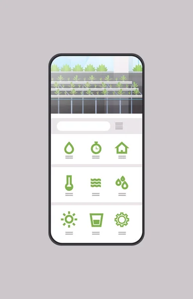 Розумна система управління сільським господарством мобільний додаток органічні гідропонічні зелені рослини ряд вирощування ферми тепличні технології смартфон екран вертикальний — стоковий вектор