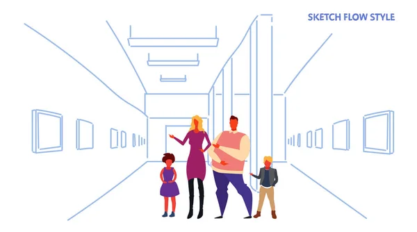 Familie op zoek naar moderne kunst galerie ouders en kinderen bezoekers bekijken van exposities hedendaagse schilderijen kunstwerken museum hall interieur sketch flow stijl horizontale — Stockvector