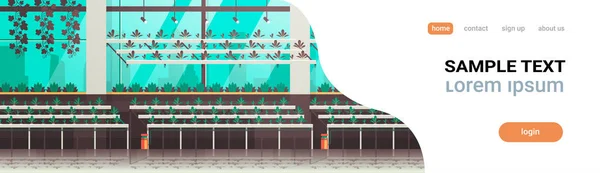 Οργανικό υδροπονικό πράσινα φυτά γραμμής καλλιέργειας σύγχρονο θερμοκήπιο εσωτερικών γεωργία σύστημα έννοια οριζόντια banner αντίγραφο χώρο στην φάρμα — Διανυσματικό Αρχείο