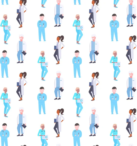 Medical doctors mix race hospital workers men women specialists in uniform seamless pattern male female cartoon characters full length isolated flat — Stock Vector