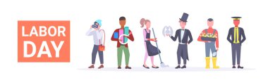 İşçi Bayramı poster insanlar farklı profesyonel meslek tatil kutlama kavramı ayakta birlikte düz yatay banner izole