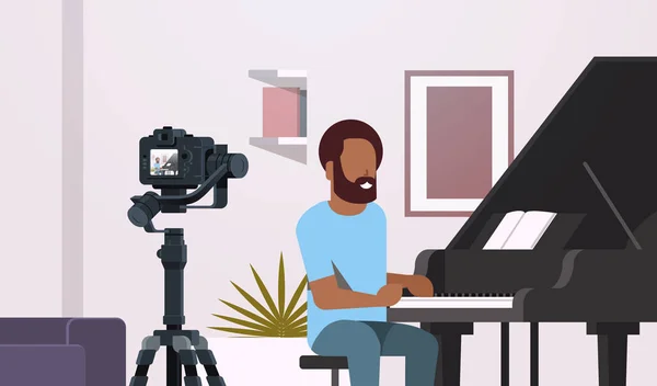 Gars blogueur musical enregistrement vidéo sur caméra afro-américain jouer piano classique musique blog concept appartement moderne intérieur gros plan portrait horizontal — Image vectorielle