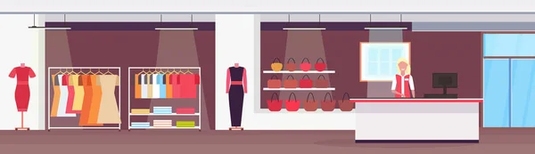 Elárusítónő pénztári counter nagy divat üzlet szuper piaci női ruhák bevásárlóközpont belső modern butikhotel vízszintes banner lapos — Stock Vector