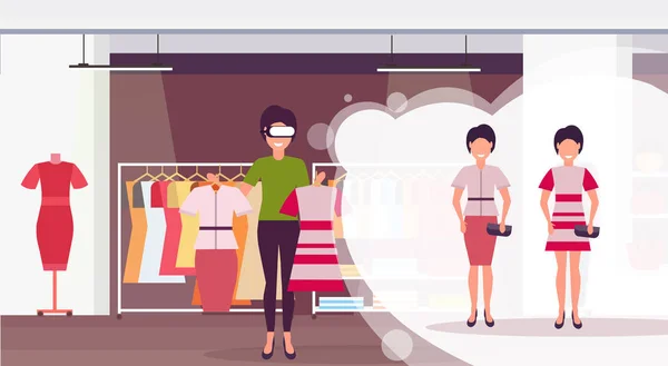 Commessa tenuta vestito indossando occhiali digitali realtà virtuale ragazze acquirenti auricolare visione concetto vestiti femminili shopping centro commerciale moda boutique interno piatto orizzontale — Vettoriale Stock