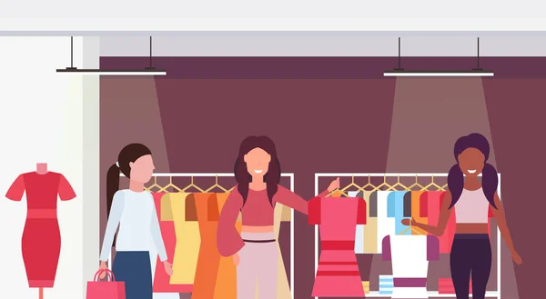 Meng race klanten houden jurken fashion boutique grote winkel vrouwelijke kleding winkelcentrum interieur cartoon tekens portret vlak en horizontaal — Stockvector