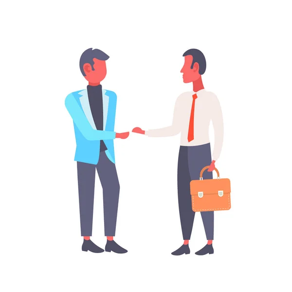 Dois homens de negócios apertando as mãos homens de negócios handshake conceito de acordo parceria bem sucedida personagens de desenhos animados masculinos de comprimento total fundo branco — Vetor de Stock