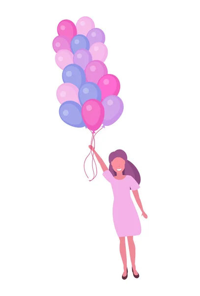 Mujer volando con globos de aire de colores feliz día de las mujeres 8 marzo concepto de fiesta internacional carácter femenino longitud completa vertical fondo blanco plano — Vector de stock
