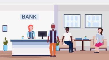 yarış insanlar için Resepsiyon sayaç Finansal Danışmanlık Merkezi uzmanı sırasındaki bekleme odası ve Resepsiyon modern banka office ile karıştırın iç yatay düz