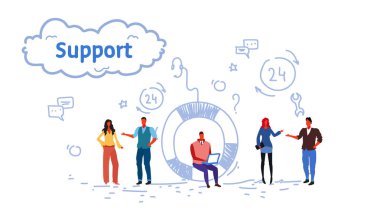 iş insanlar grup Teknik Destek Merkezi kavramı online müşteri hizmeti çalışma işlemi erkek kadın karikatür karakter tam uzunlukta kroki akışı stili yatay
