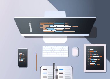 web sitesi tasarım geliştirme program kodu kavramı en iyi açı görünüm masaüstü bilgisayar monitörü tablet smartphone ekran Organizatör başı işleri yatay programlama
