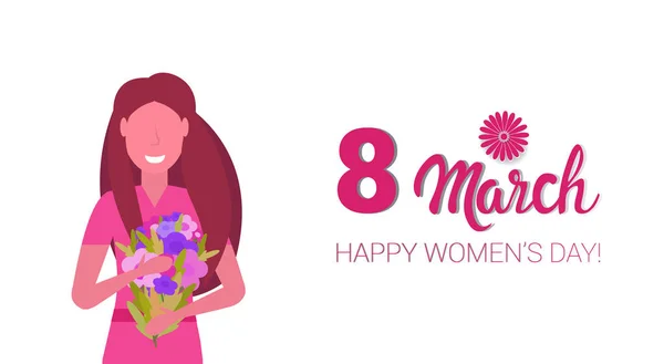 Buket çiçek mutlu kadınlar günü 8 Mart tatil, kutlama kavramı kadın karikatür karakter portre beyaz arka plan yatay tebrik kartı tutan kadın — Stok Vektör