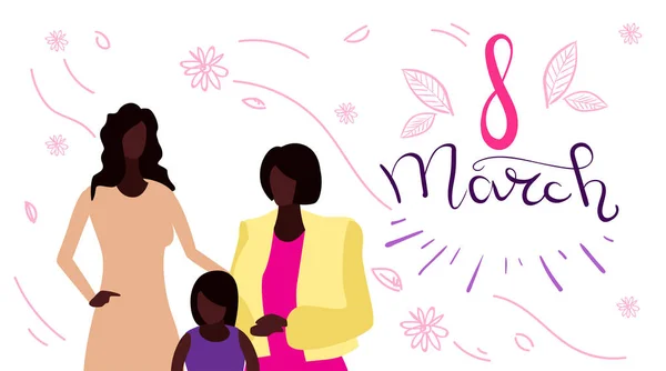 Feliz três gerações mulheres de pé juntos internacional 8 dia de março celebrando conceito afro-americano personagens de desenhos animados femininos retrato horizontal cartão —  Vetores de Stock
