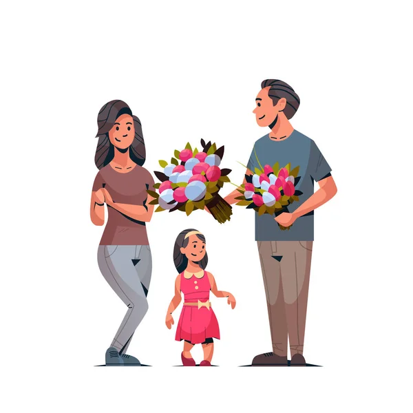 Man boeket bloemen geven met vrouw en dochter internationale womens dag 8 maart concept gelukkige familie vieren vakantie witte achtergrond — Stockvector