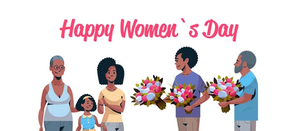 Happy multi generation family congratulating women with international 8 march day concept men giving flowers african american characters portrait horizontal greeting card — Stock Vector