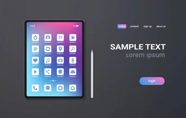Реалістичний планшетний ПК піктограми мобільних додатків Ui барвистий екран на сірому фоні цифрової технології концепції горизонтального простору копіювання — стоковий вектор