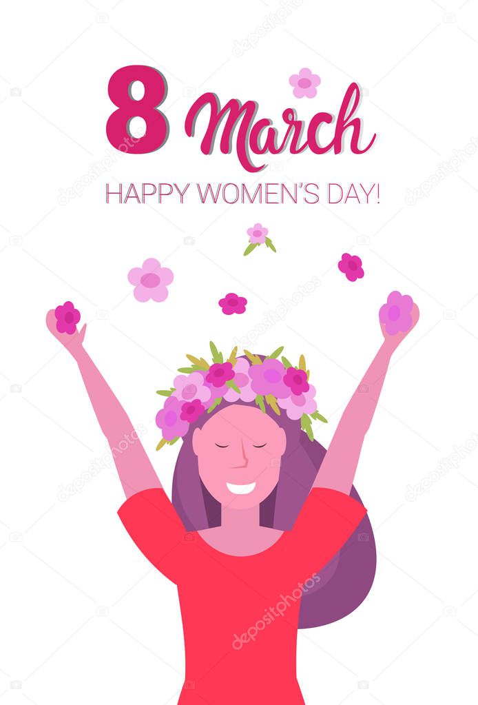 cheerful woman in wreath of flowers raising hands happy women day 8 march holiday celebration concept female character portrait vertical greeting card