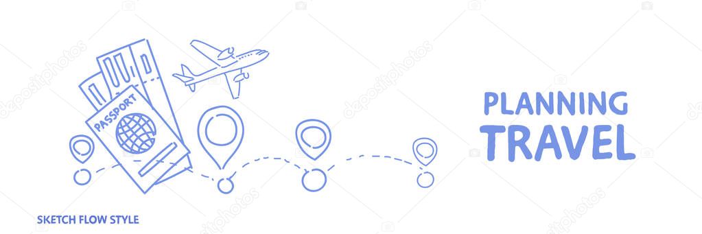 Planning travel concept holiday route choosing hotel and tickets booking concept sketch flow style horizontal banner vector