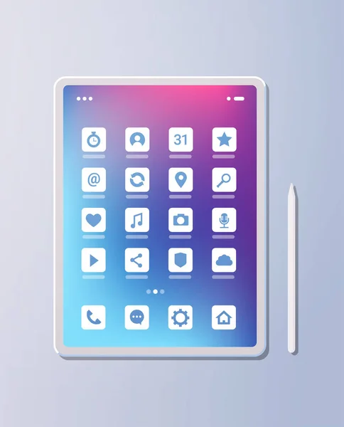 Realistico tablet pc applicazioni mobili icone creativo ui schermo colorato su sfondo grigio concetto di tecnologia digitale verticale — Vettoriale Stock