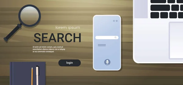 Mobile app navigation concept de recherche en ligne angle supérieur vue bureau avec ordinateur portable smartphone écran bureau trucs espace de copie horizontale — Image vectorielle