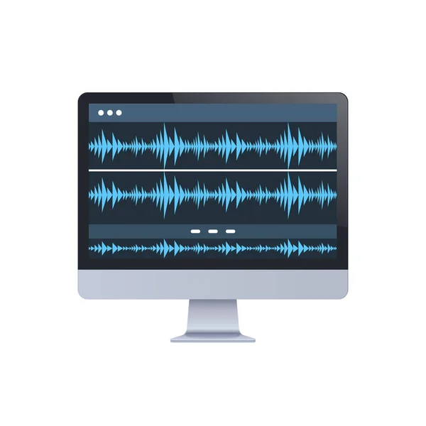 Sound monitor audio waves oscillating blue light computer display digital technology record sound in studio concept white background — Stock Vector