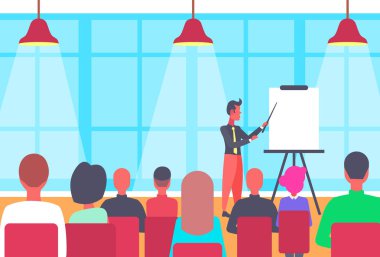 işaret eden işadamı grafik konferans sunum kavramı iş adamı takım lideri kursları yatay düz vektör çizim eğitim toplantı çevir
