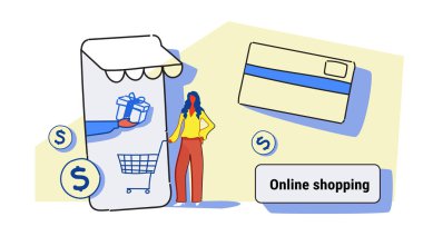 işkadını mobil uygulama kullanma online alışveriş kavramı kadın müşteri arabası kartı smartphone ekran renkli kroki tam uzunlukta yatay tutarak Pazar