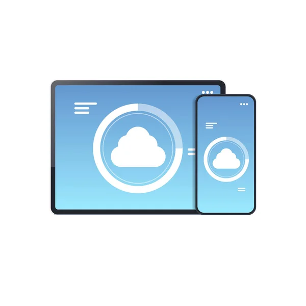 Internet-Verbindung mobile Anwendung Cloud-Synchronisation Tablette Smartphone-Bildschirm digitale Netzwerktechnologie Konzept weißer Hintergrund — Stockvektor