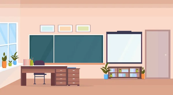 Modern skola klassrummet interiör krita styrelsen lärare skrivbord Töm inga personer horisontell banderoll platta — Stock vektor