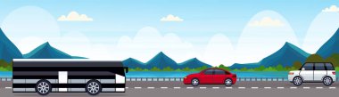 sürüş asfalt yola yakın Nehri Dağ orman ormanda doğal manzara arka plan yatay banner düz vektör çizim araçları ve yolcu otobüs